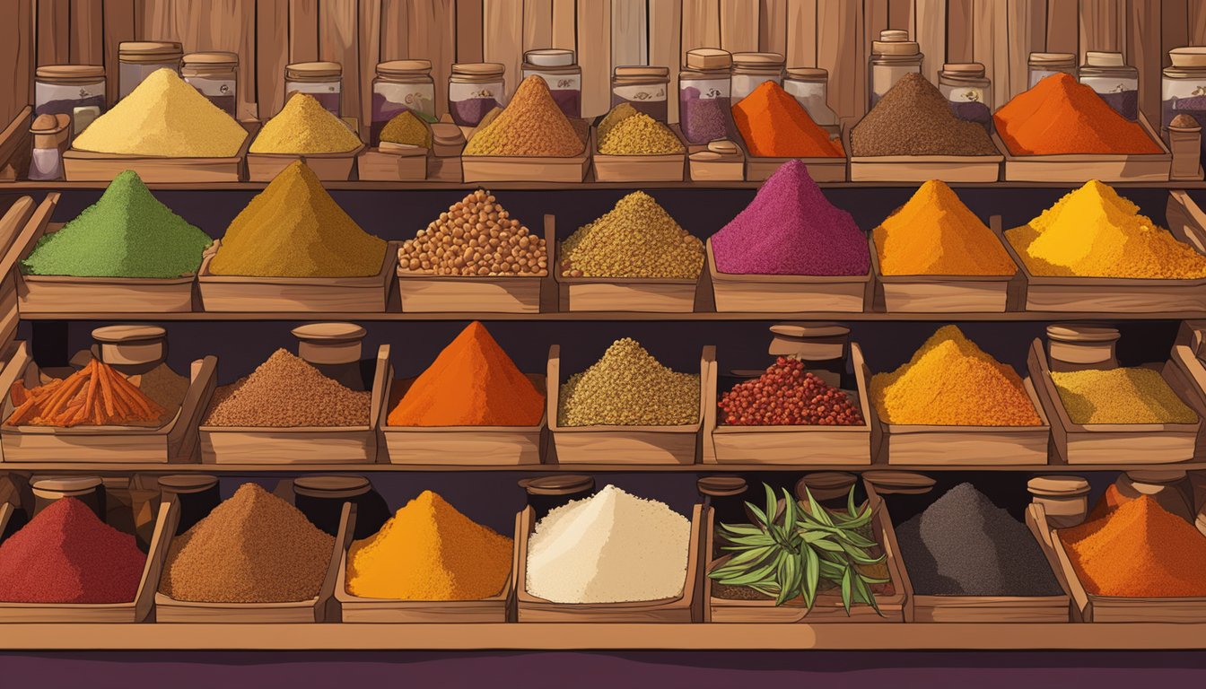 A vibrant market stall displays an array of colorful spices, including a jar of ras el hanout. The air is filled with the scent of exotic aromas