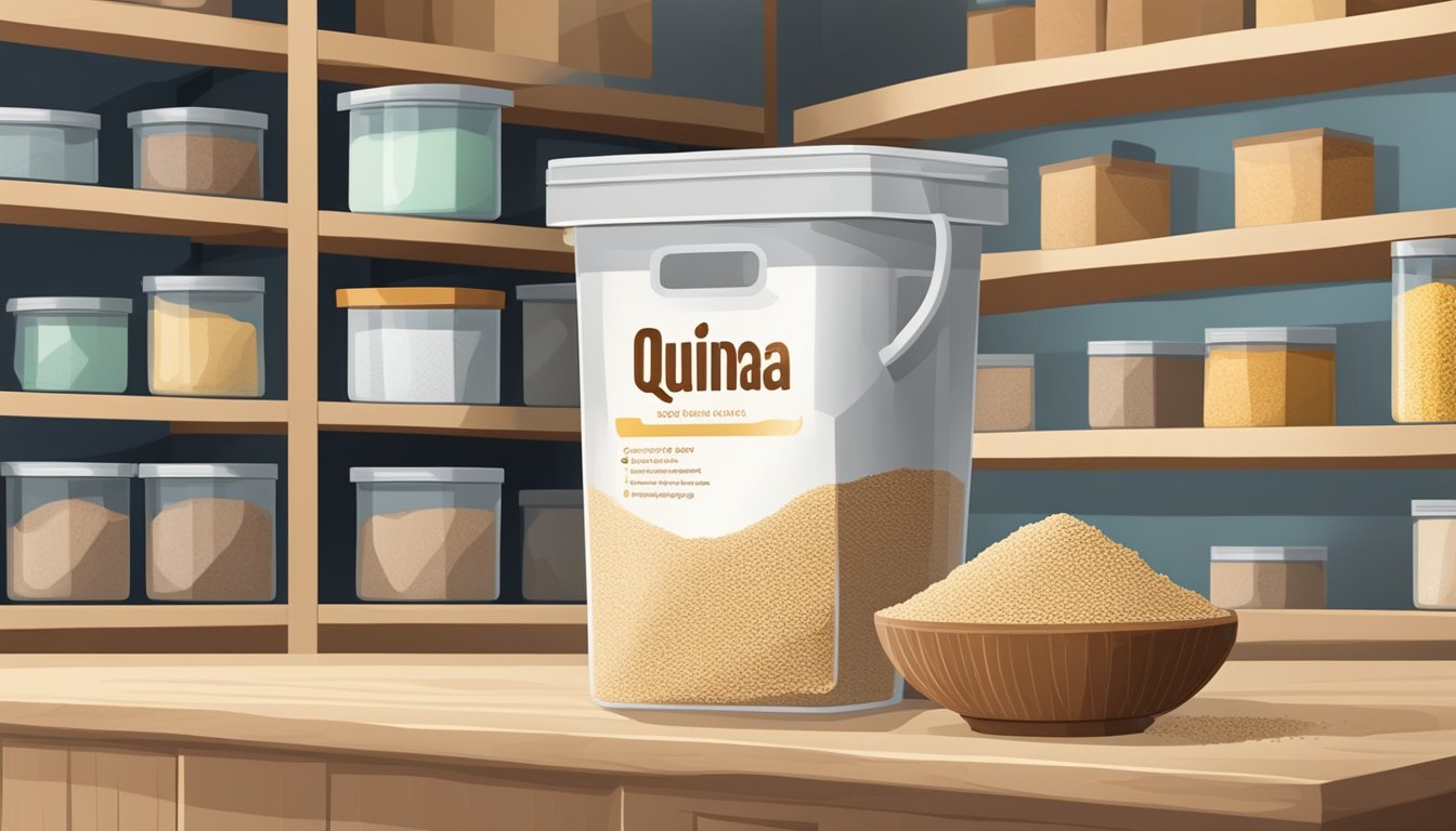 A bag of quinoa flour sits on a shelf in a cool, dry pantry. Nearby, a sealed container of quinoa flour is stored in the freezer