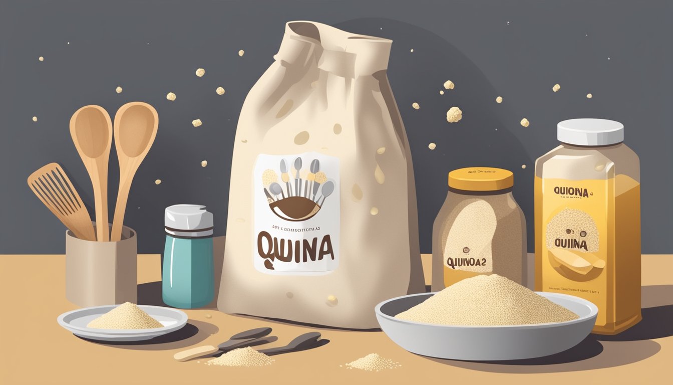 A bag of quinoa flour with a visible expiration date, surrounded by various kitchen utensils and a concerned expression on a person's face