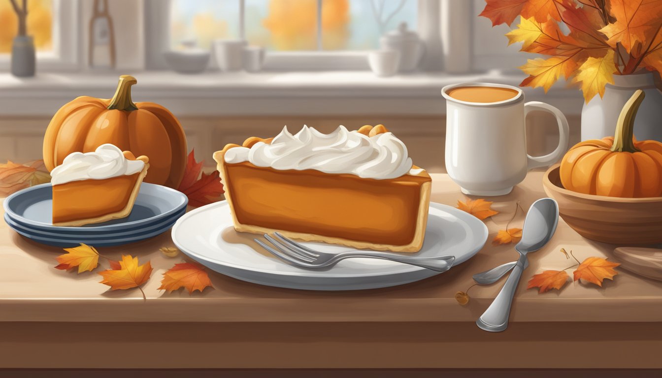 A can of pumpkin pie filling sits on a kitchen counter, surrounded by autumn-themed decorations. A slice of pie with a dollop of whipped cream sits on a plate next to it