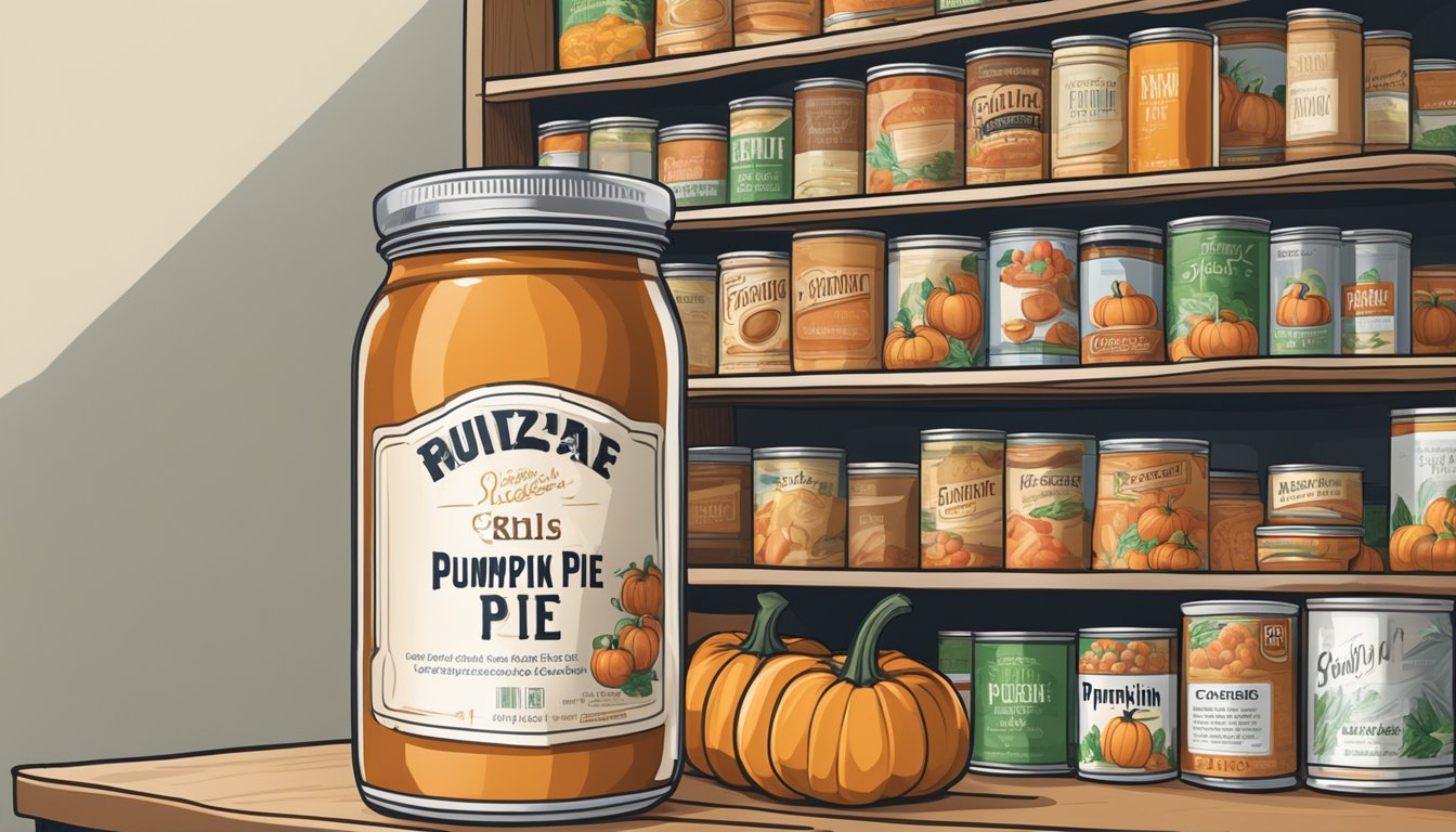 A can of pumpkin pie filling sits on a pantry shelf, surrounded by other canned goods. The label is clean and intact, with no signs of spoilage