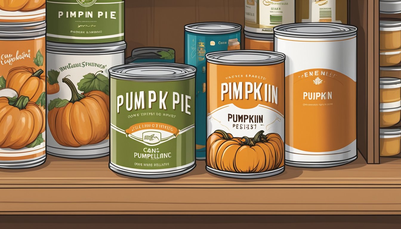 A can of pumpkin pie filling sits on a shelf next to other canned goods in a pantry. The label is facing outward, and the can appears undamaged