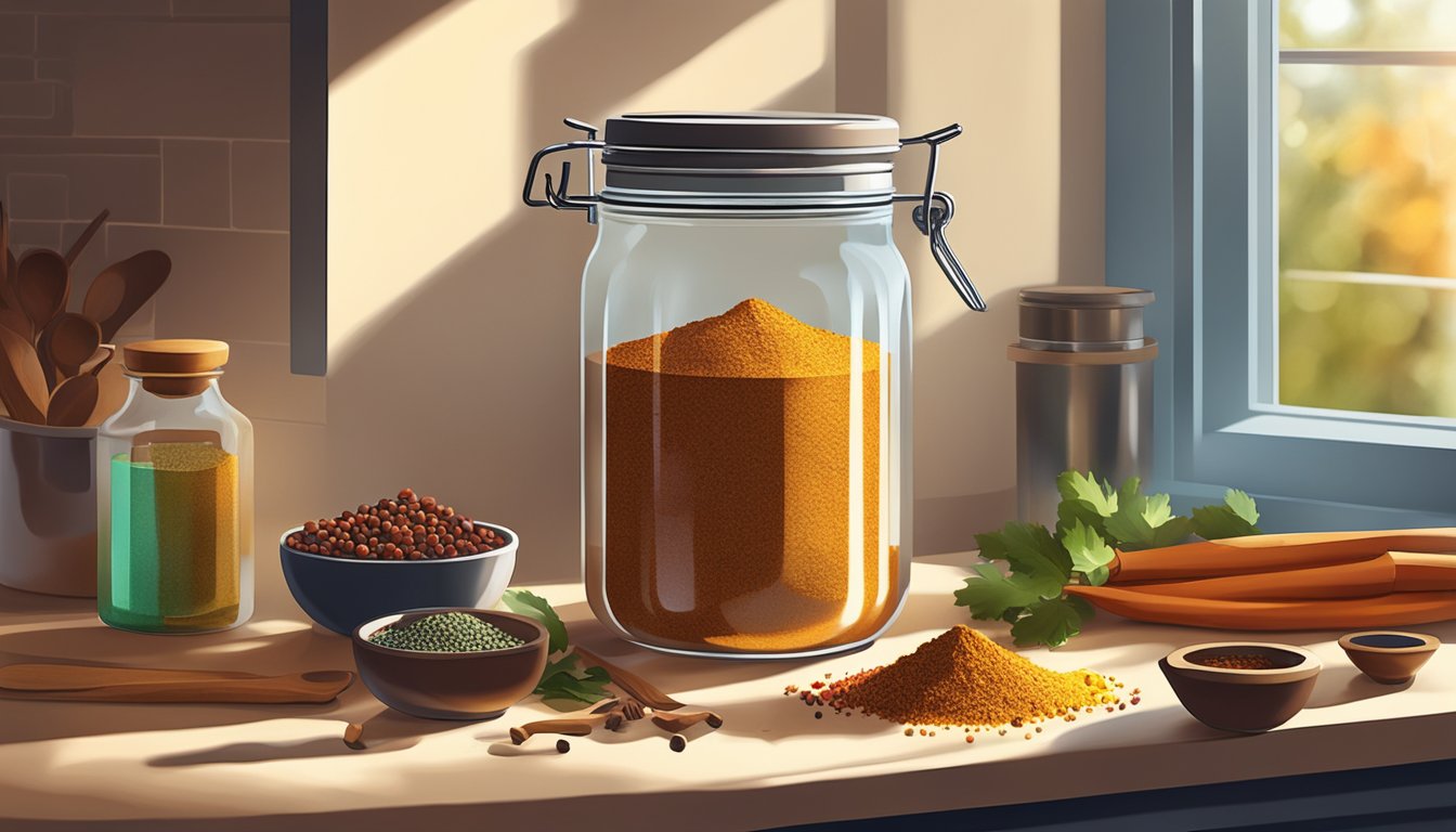 A jar of ras el hanout sits on a kitchen counter, surrounded by colorful spices and cooking utensils. Sunlight streams through the window, casting warm shadows on the scene