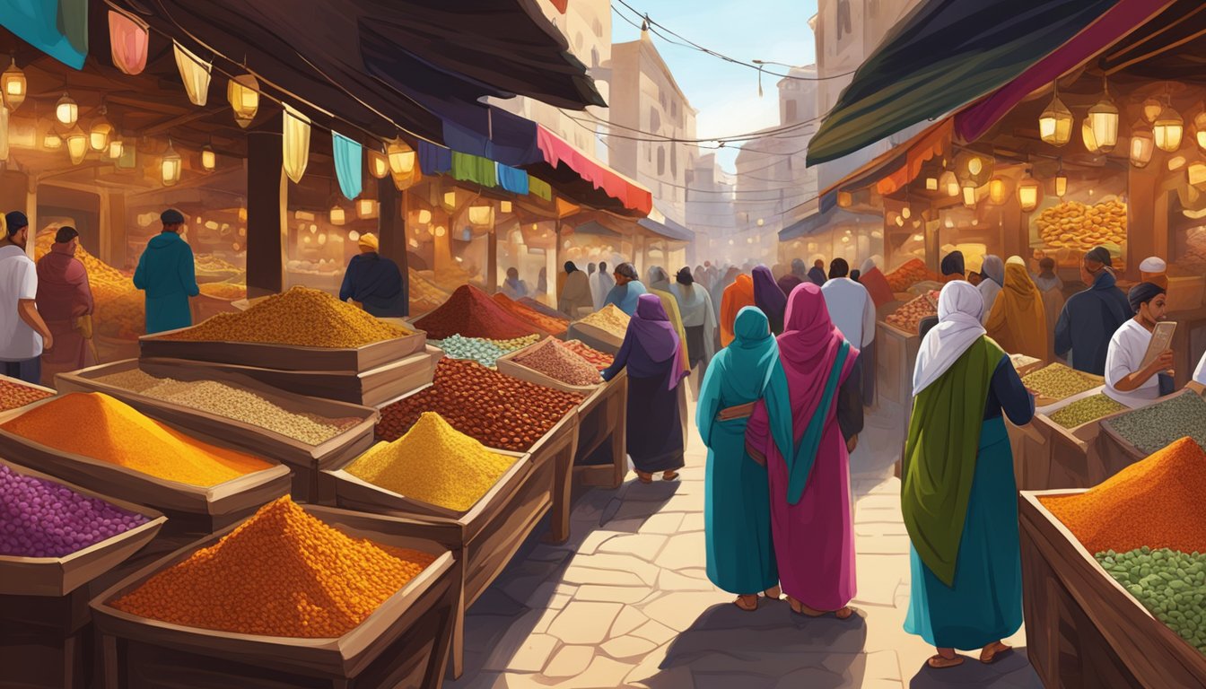 A colorful spice bazaar with jars of aromatic ras el hanout, surrounded by vibrant textiles and bustling market activity