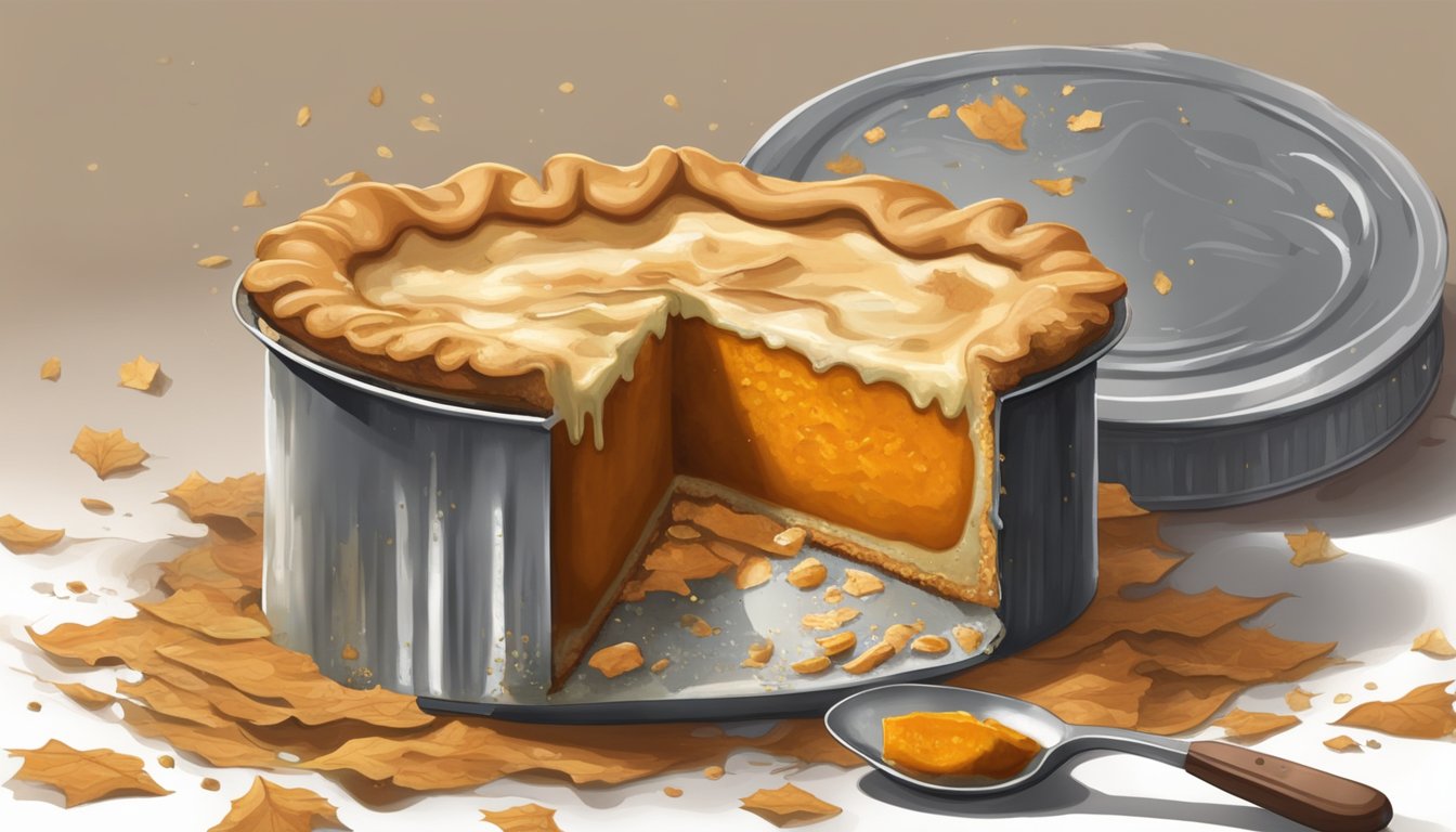 A pumpkin pie filling oozing out of a cracked can, surrounded by moldy patches and a foul smell