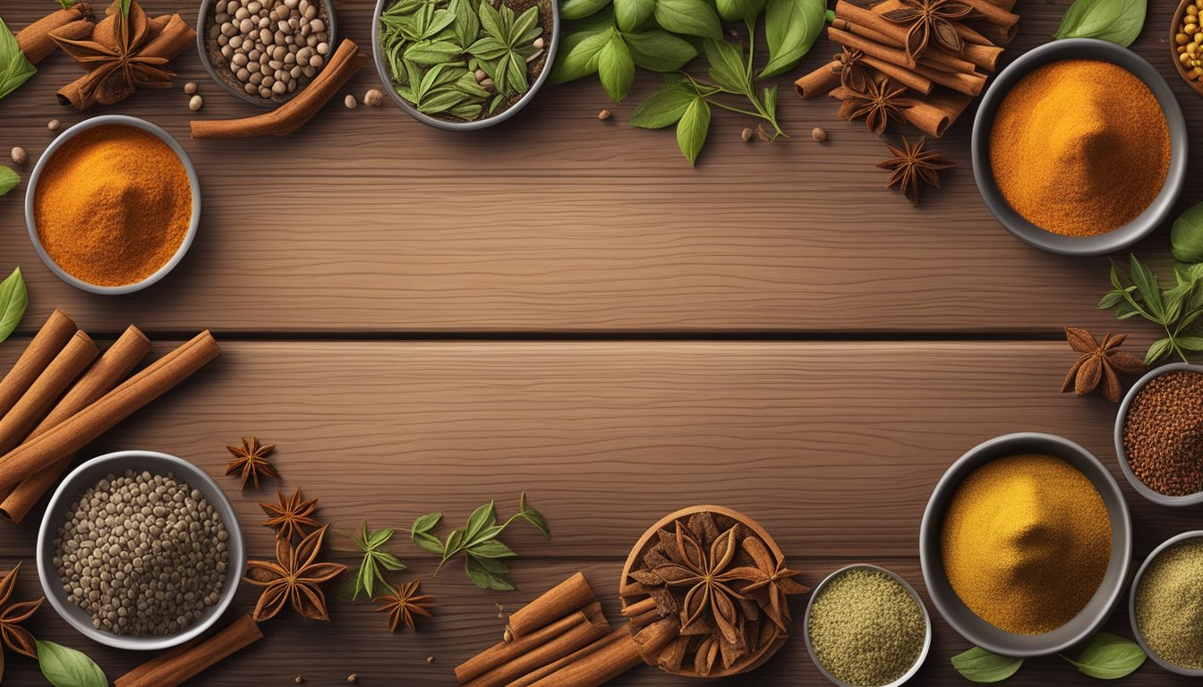 A colorful array of spices and herbs, including cinnamon, cumin, and coriander, arranged on a rustic wooden table