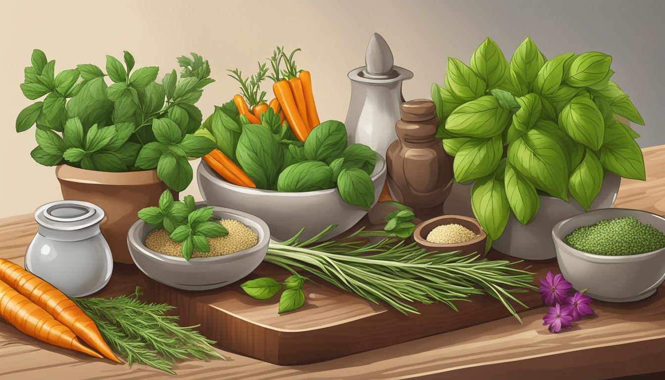 A colorful array of fresh herbs and spices arranged on a wooden cutting board, with a mortar and pestle nearby