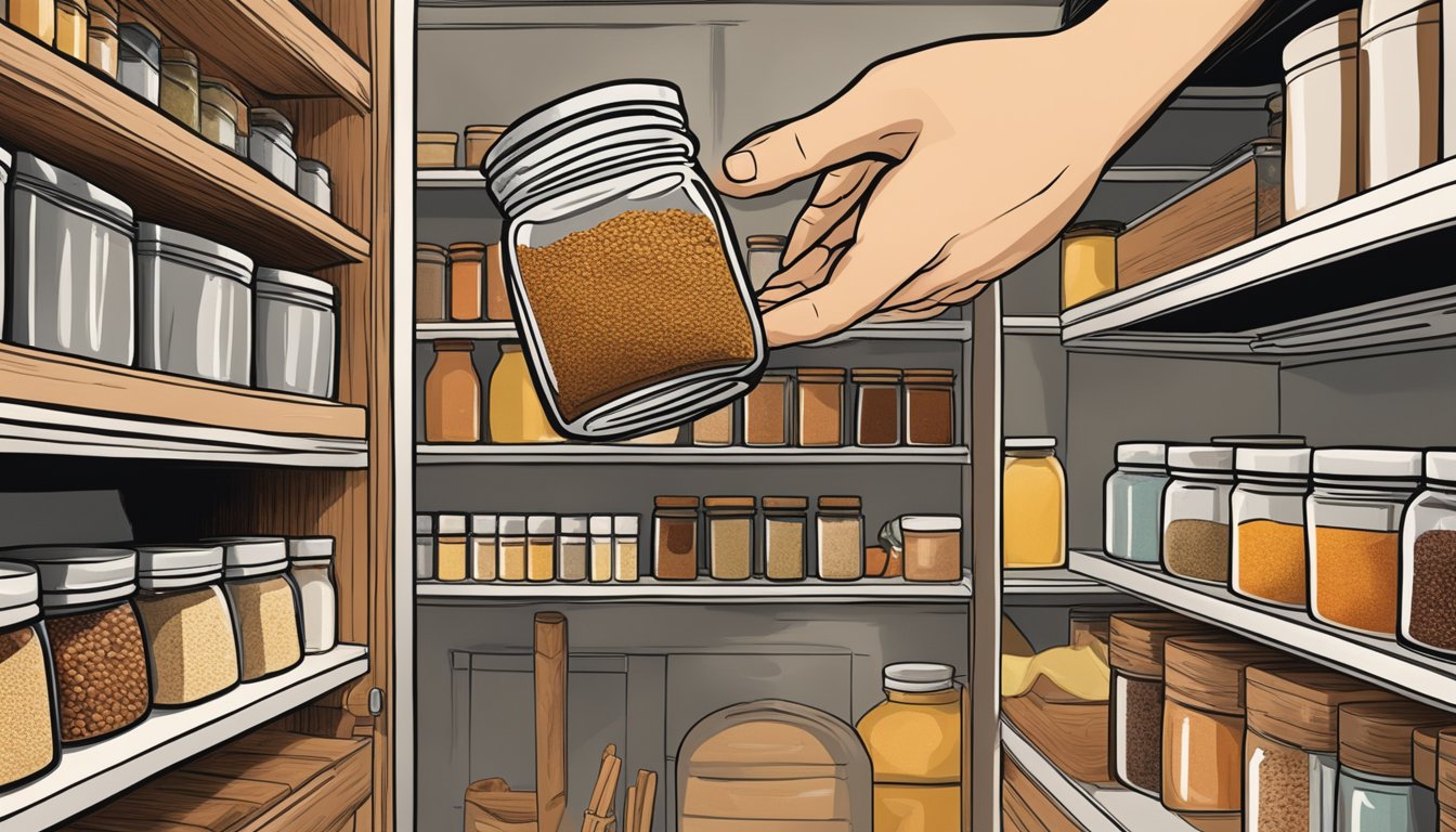 A hand reaching for a jar of ras el hanout spice blend on a shelf in a kitchen pantry