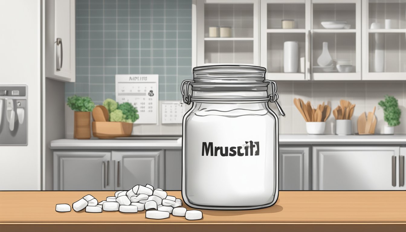 A jar of Marshmallow Fluff sits on a kitchen counter next to a calendar, with a question mark drawn on the date of purchase