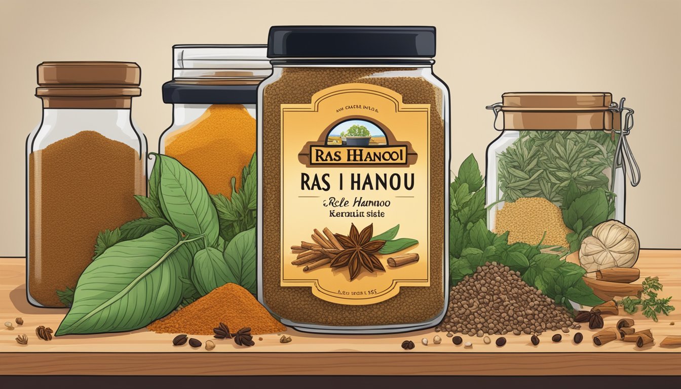 A jar of ras el hanout sits on a kitchen shelf, surrounded by various spices and herbs. The label indicates the expiration date