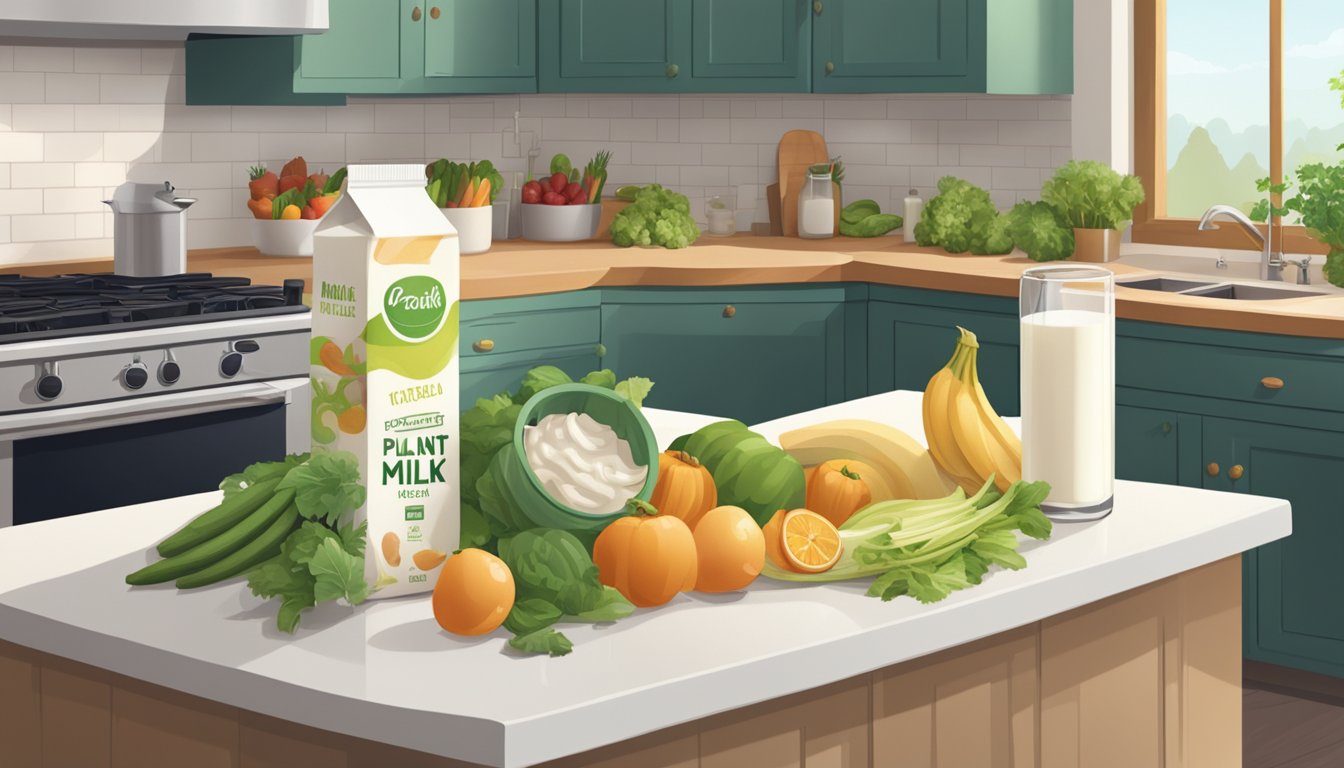 A carton of plant-based milk sits on a kitchen counter, surrounded by various types of fresh produce. The milk appears unspoiled and ready to use