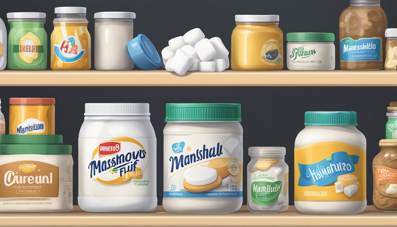 A jar of marshmallow fluff sits unopened on a pantry shelf, surrounded by other non-perishable items