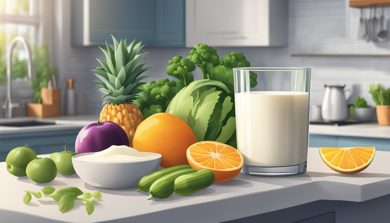 A glass of plant-based milk sits on a kitchen counter, surrounded by fresh fruits and vegetables. The milk is still fresh, with no signs of spoilage