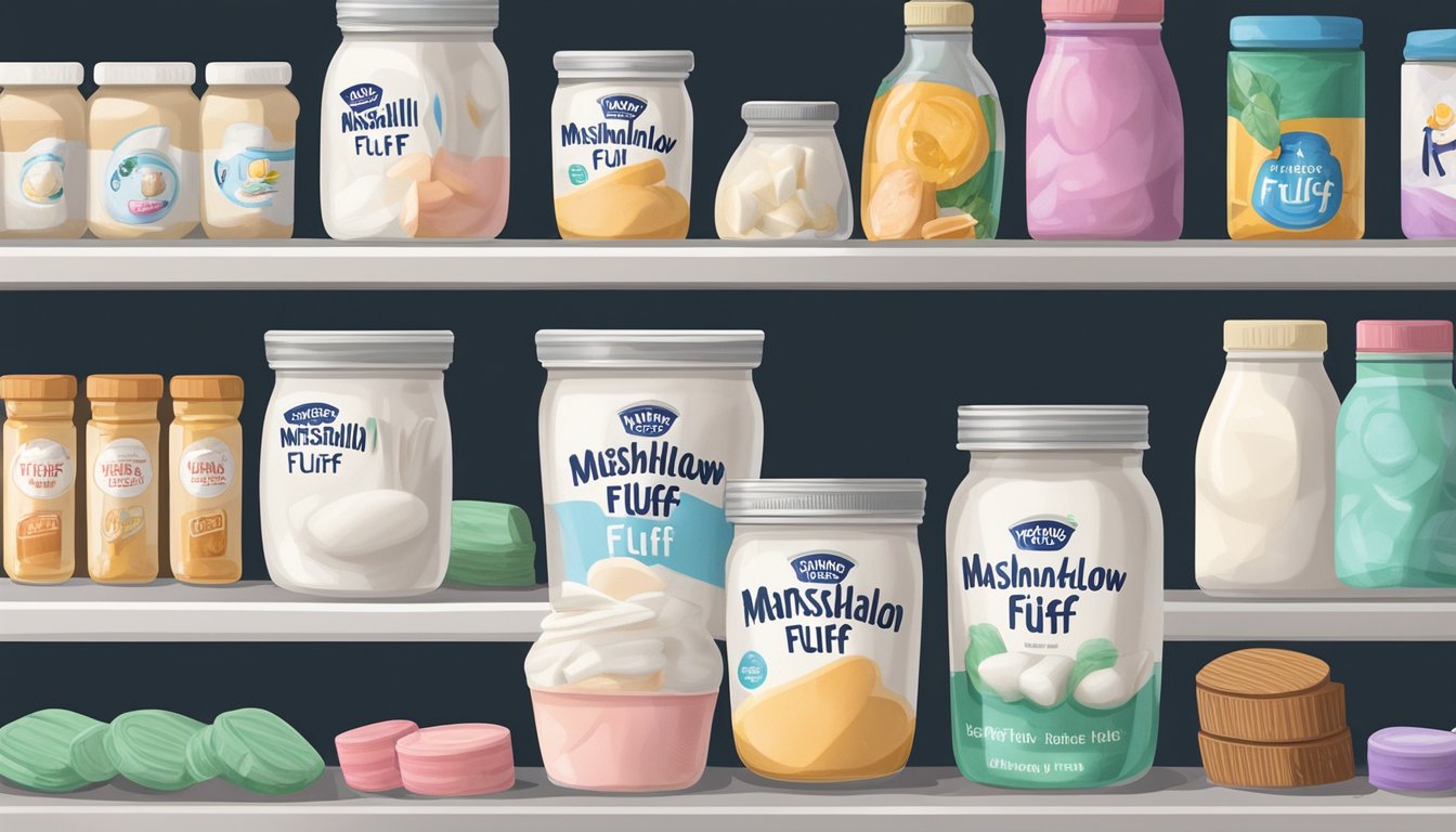 A jar of marshmallow fluff sits on a shelf, surrounded by other pantry items. The lid is slightly askew, with a few sticky smudges on the label