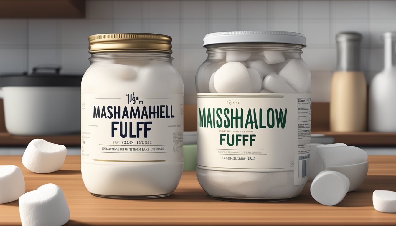 A jar of marshmallow fluff sits on a clean, organized kitchen counter, with a faint expiration date printed on the label