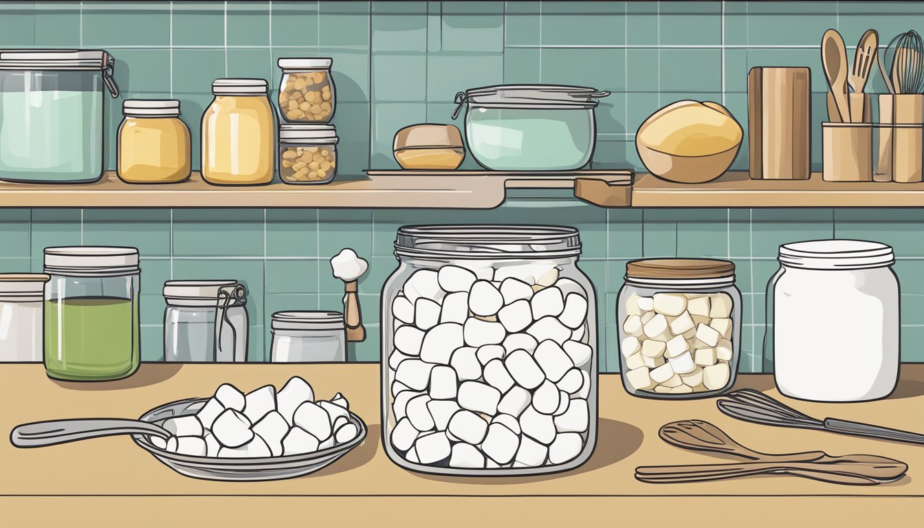 A jar of marshmallow fluff sits open on a kitchen counter, surrounded by ingredients and utensils for baking. A recipe book is open to a page featuring various fluff-based treats