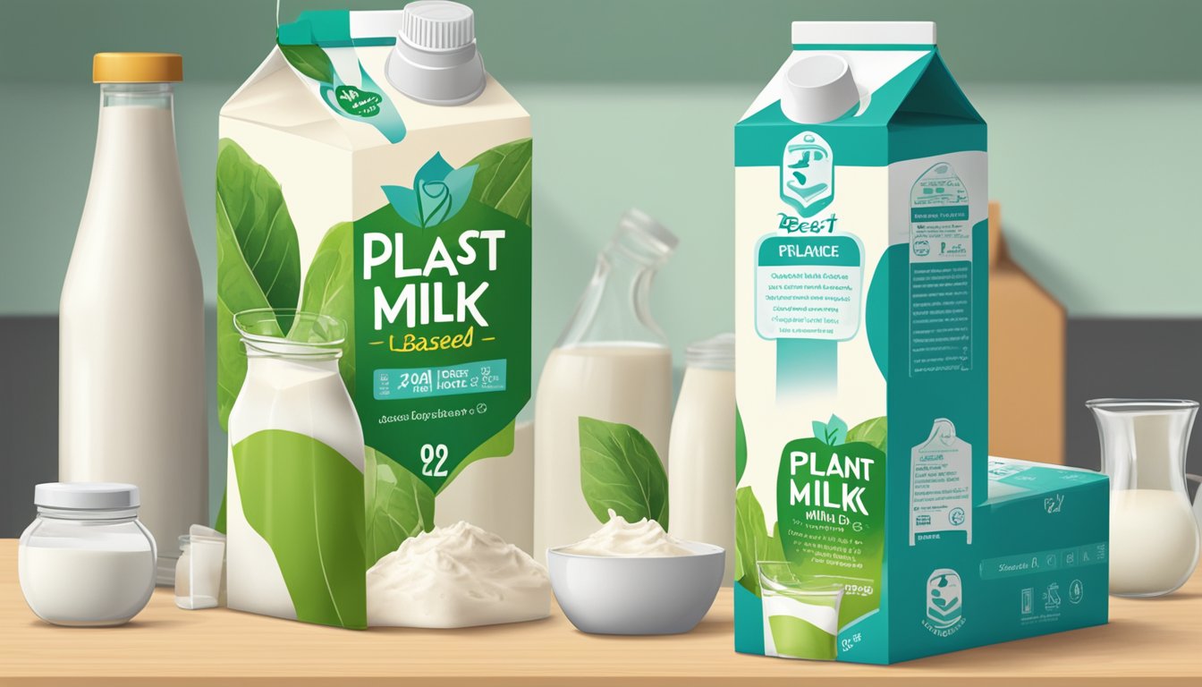 A carton of plant-based milk sits on a cool, dry shelf with a "best by" date clearly visible. The surrounding area is clean and free of any signs of spoilage