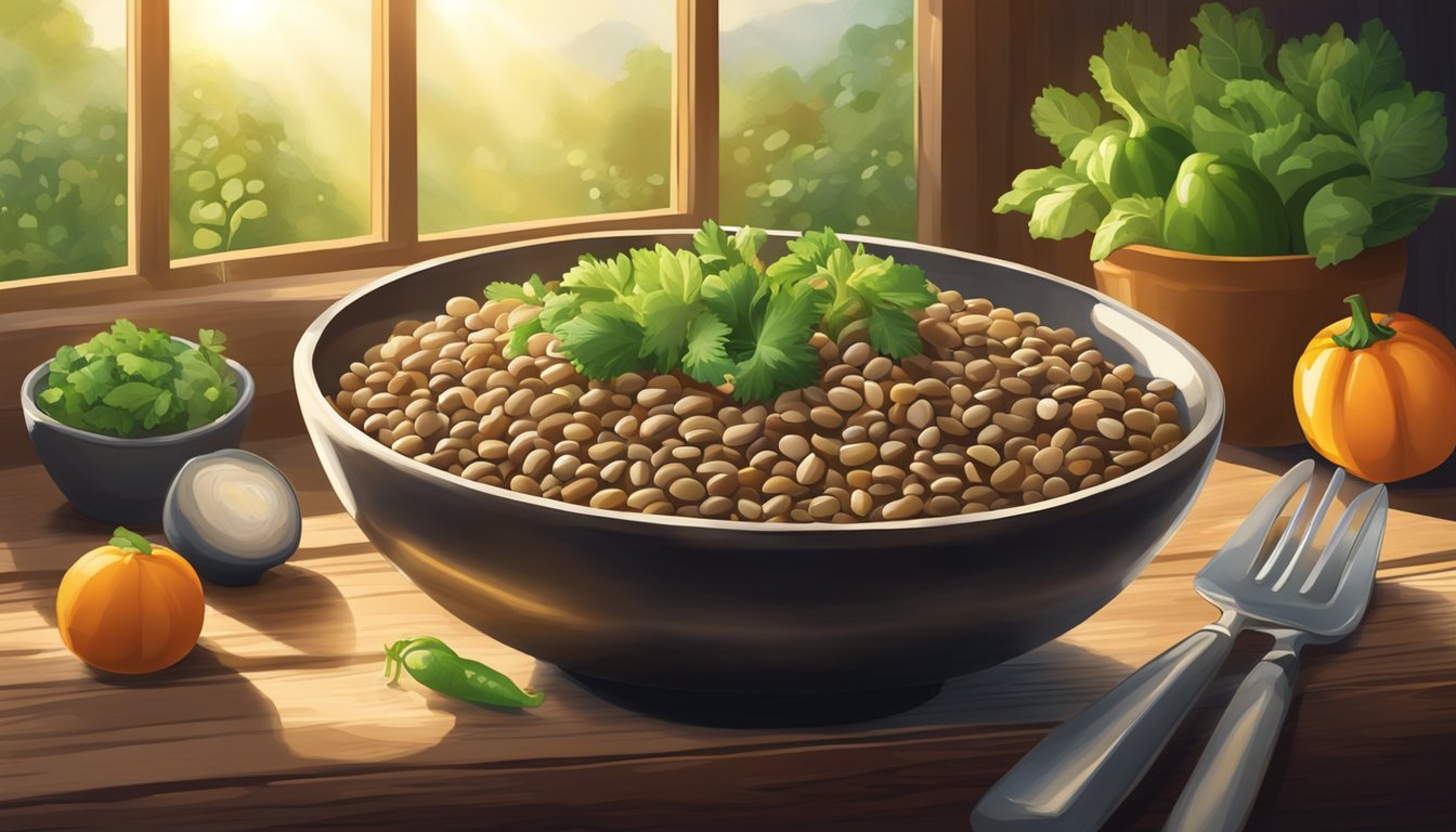 A bowl of black-eyed peas sits on a rustic wooden table, surrounded by fresh vegetables and herbs. Sunlight streams through a nearby window, casting a warm glow on the scene