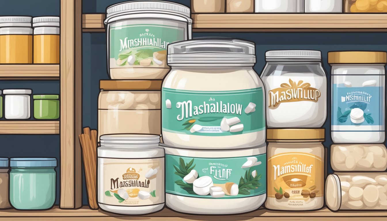 A jar of marshmallow fluff sits on a shelf, surrounded by other pantry items. The label is clean and the contents appear fluffy and fresh