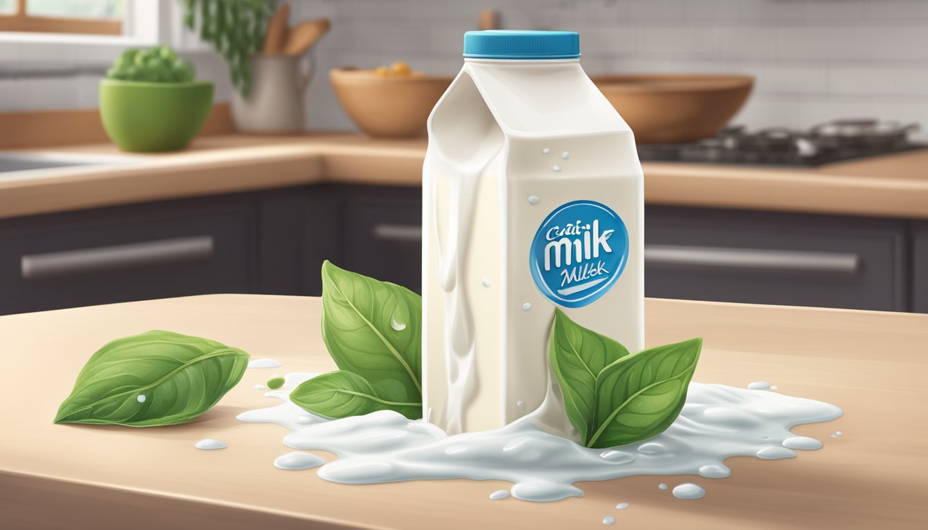 A carton of plant-based milk sits on a kitchen counter, with a few drops of liquid spilled around it. The milk has curdled and separated, with a sour smell emanating from the container