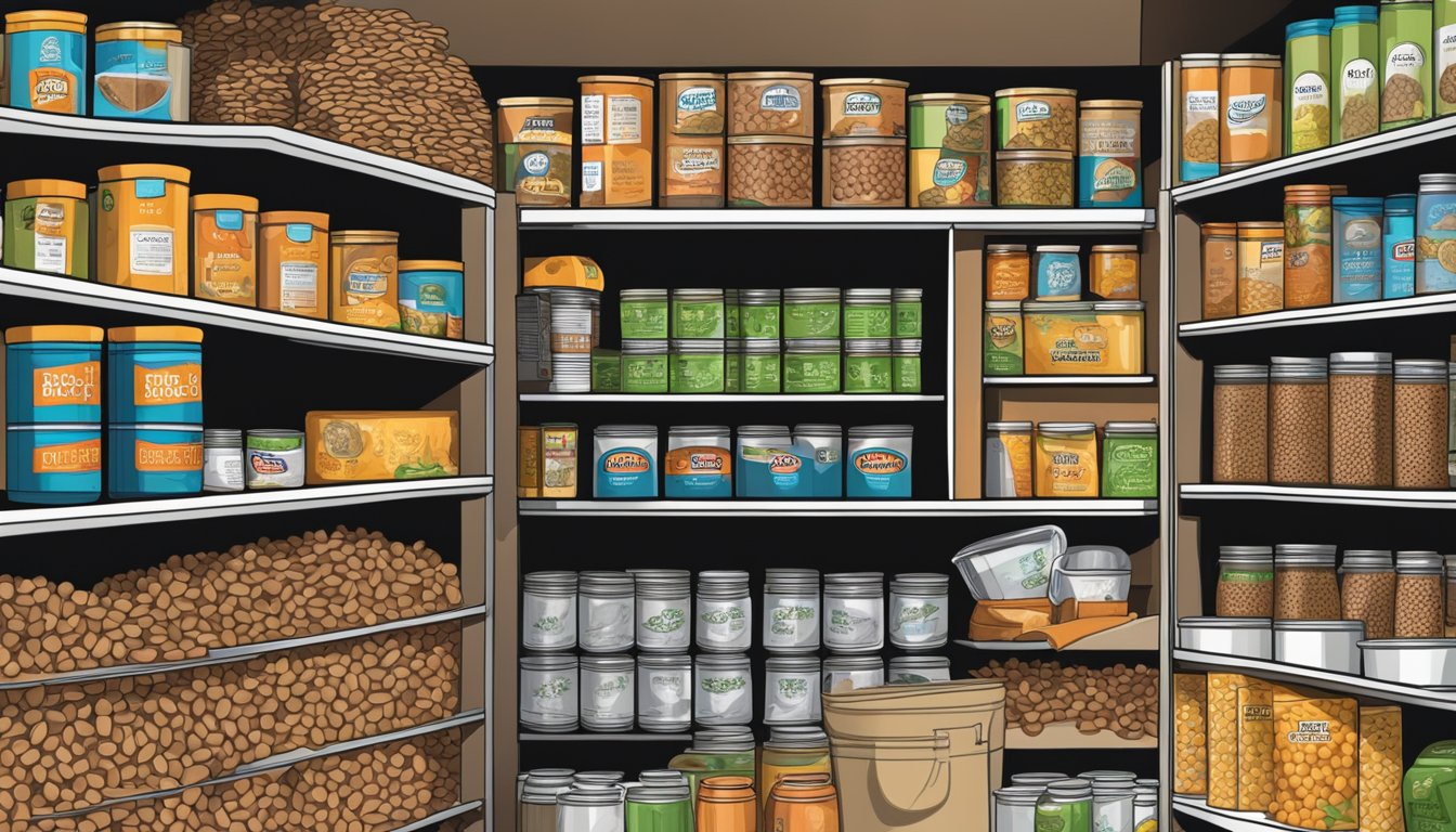 A pantry shelf with neatly organized cans of black eyed peas, surrounded by other non-perishable items