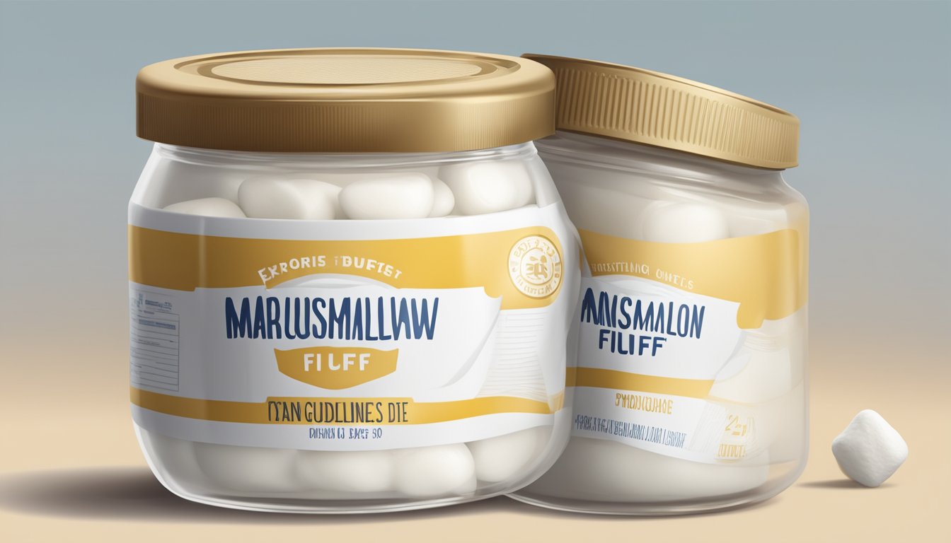 A jar of marshmallow fluff with a label showing expiration date and guidelines