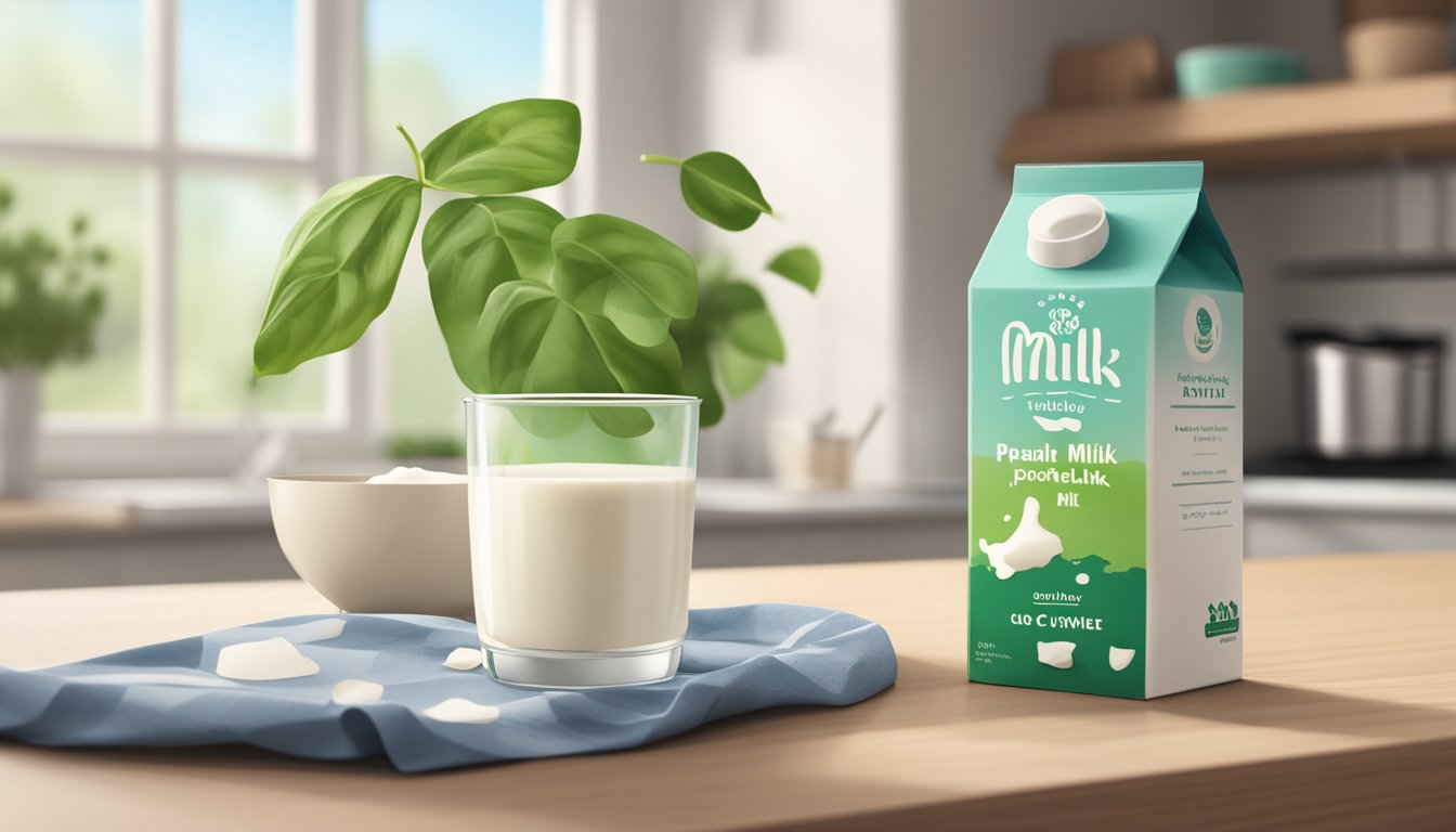 A glass of plant-based milk sits on a kitchen counter next to a carton of the milk. A small puddle of spilled milk is visible on the counter