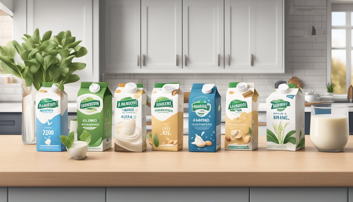 A variety of plant-based milks sit on a kitchen counter, including almond, soy, and oat milk. A carton of expired plant-based milk is shown being thrown away in the background