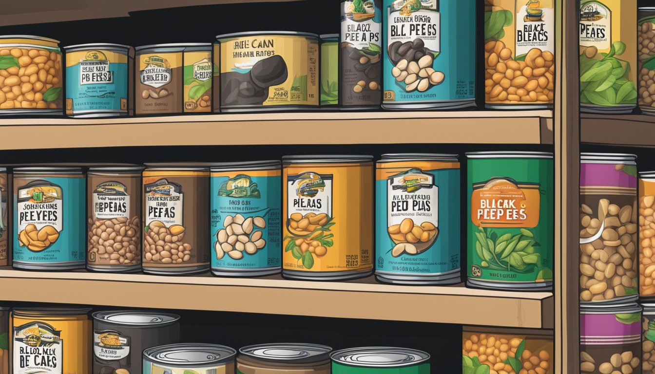 A can of black eyed peas sits on a shelf, surrounded by other canned goods. The label is clean and the can is undamaged