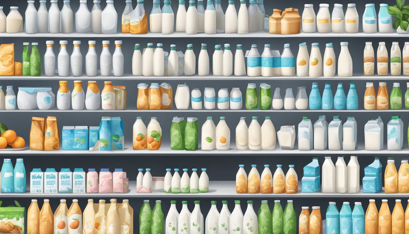 Various plant-based milk cartons on grocery store shelves, some refrigerated, some not. A few open cartons with spoiled milk