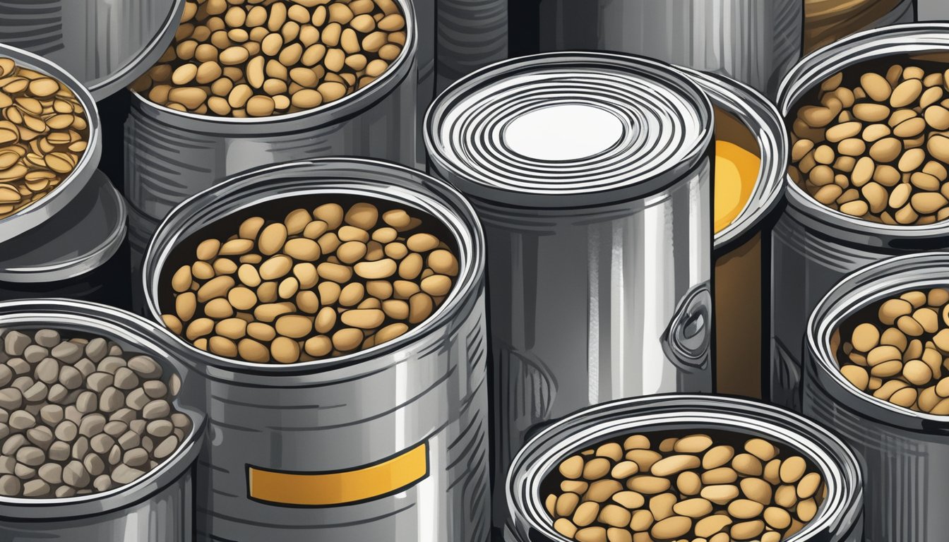 A can of black eyed peas sits on a kitchen shelf, surrounded by other canned goods. The expiration date is clearly visible on the label