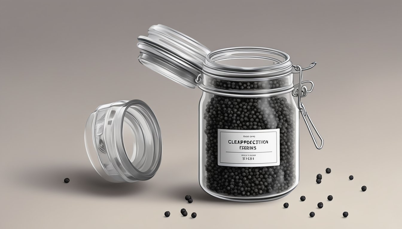 A clear glass jar filled with black peppercorns, with a label indicating the expiration date