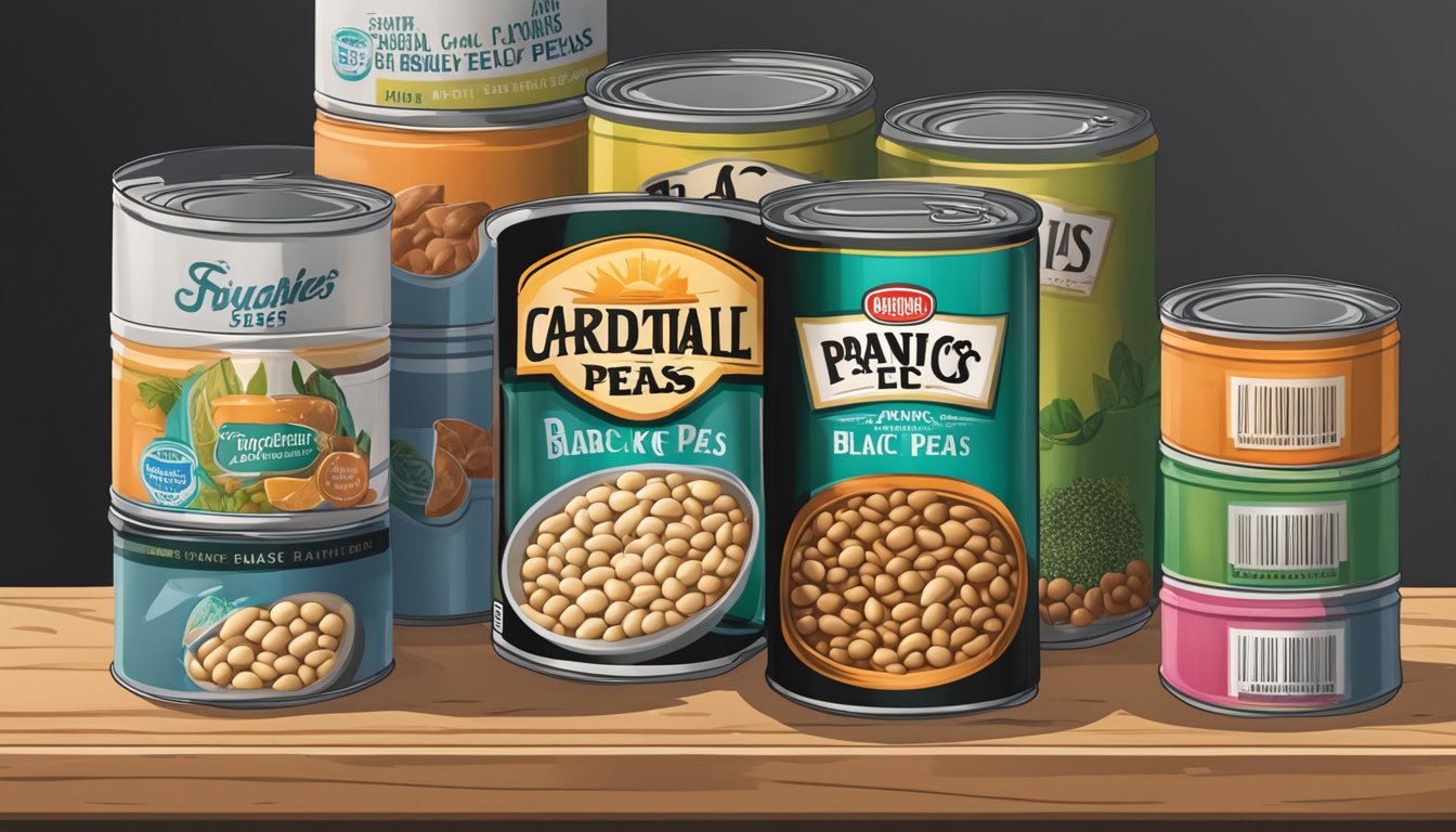 A can of black eyed peas sits on a pantry shelf, surrounded by other canned goods