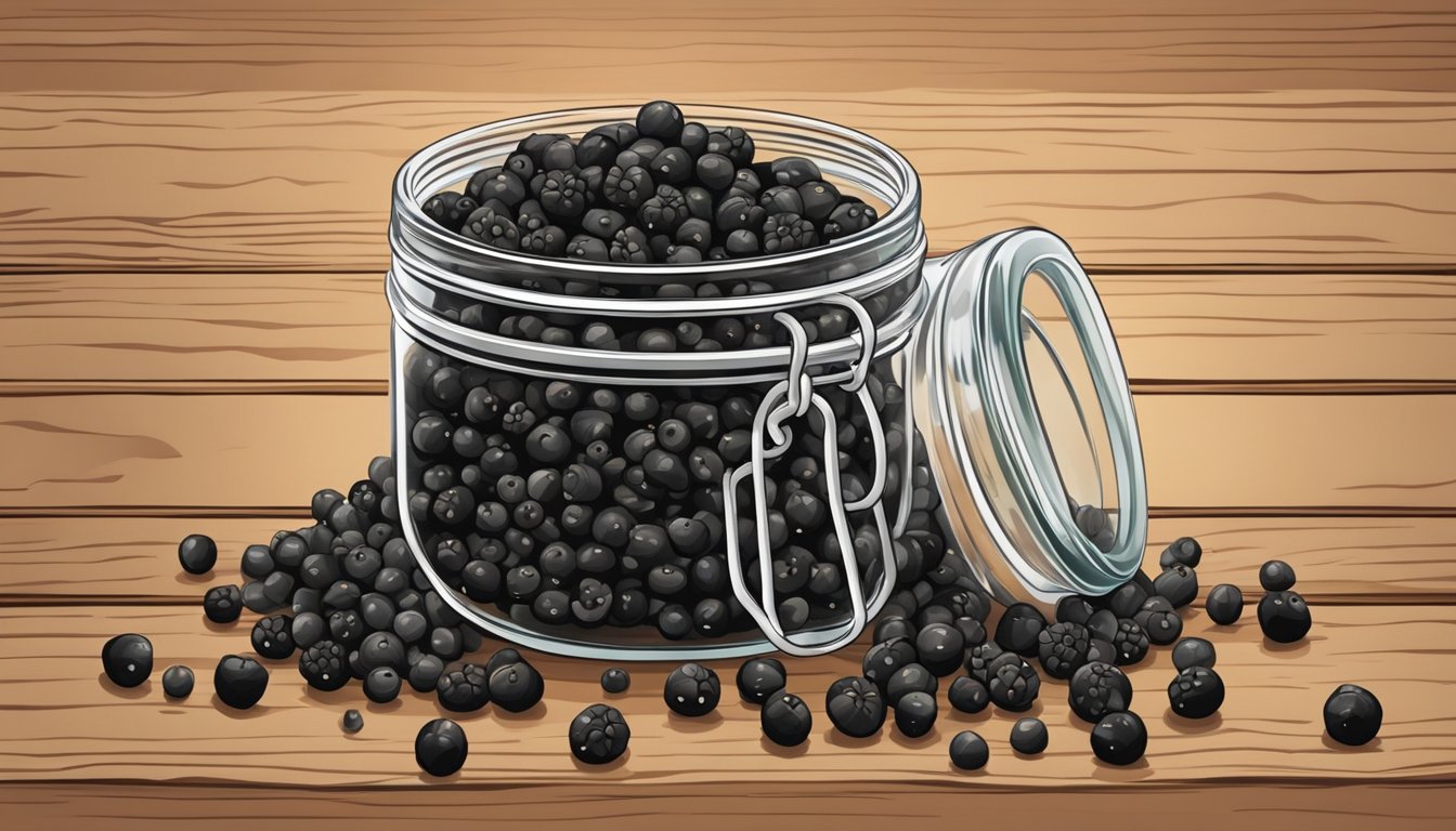 A close-up of fresh black peppercorns spilling out of a glass jar onto a rustic wooden surface, with a few peppercorns scattered around