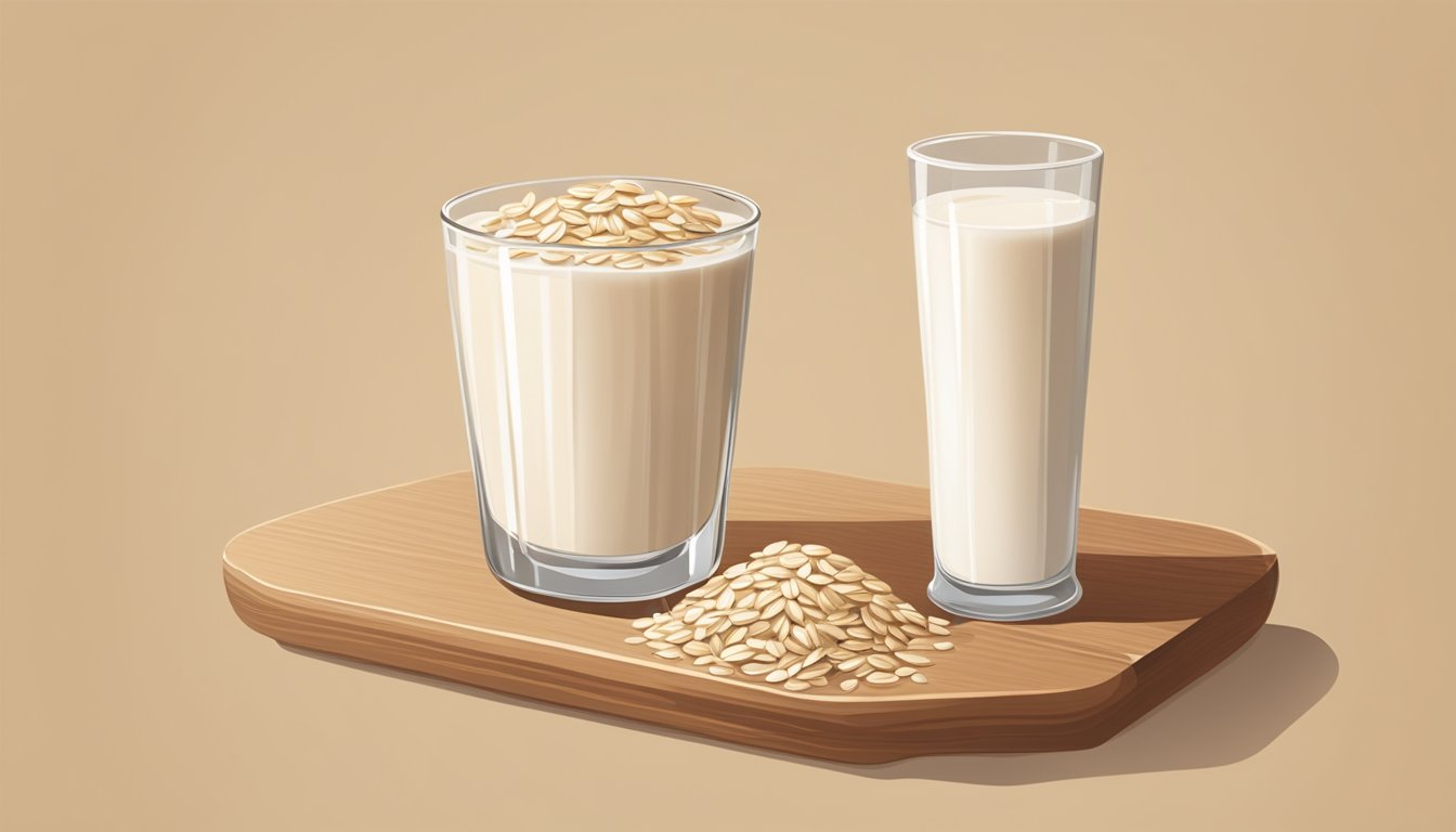 A glass of oat milk sits on a wooden table, surrounded by oats and a carton. The milk is creamy and white, with a slight shimmer