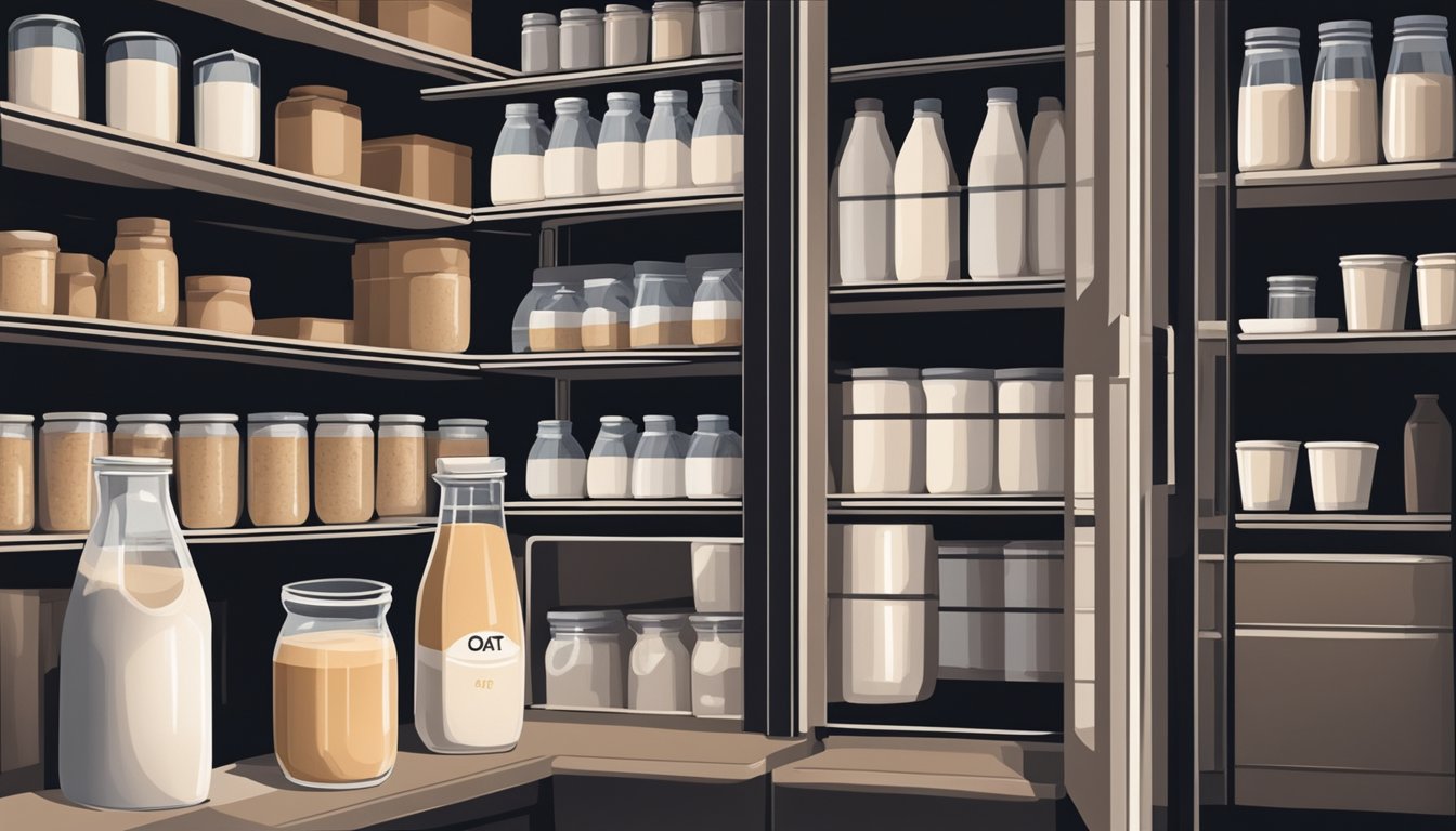 A carton of oat milk sits on a shelf in a cool, dark pantry. It is away from direct sunlight and heat sources, ensuring it stays fresh and does not spoil quickly