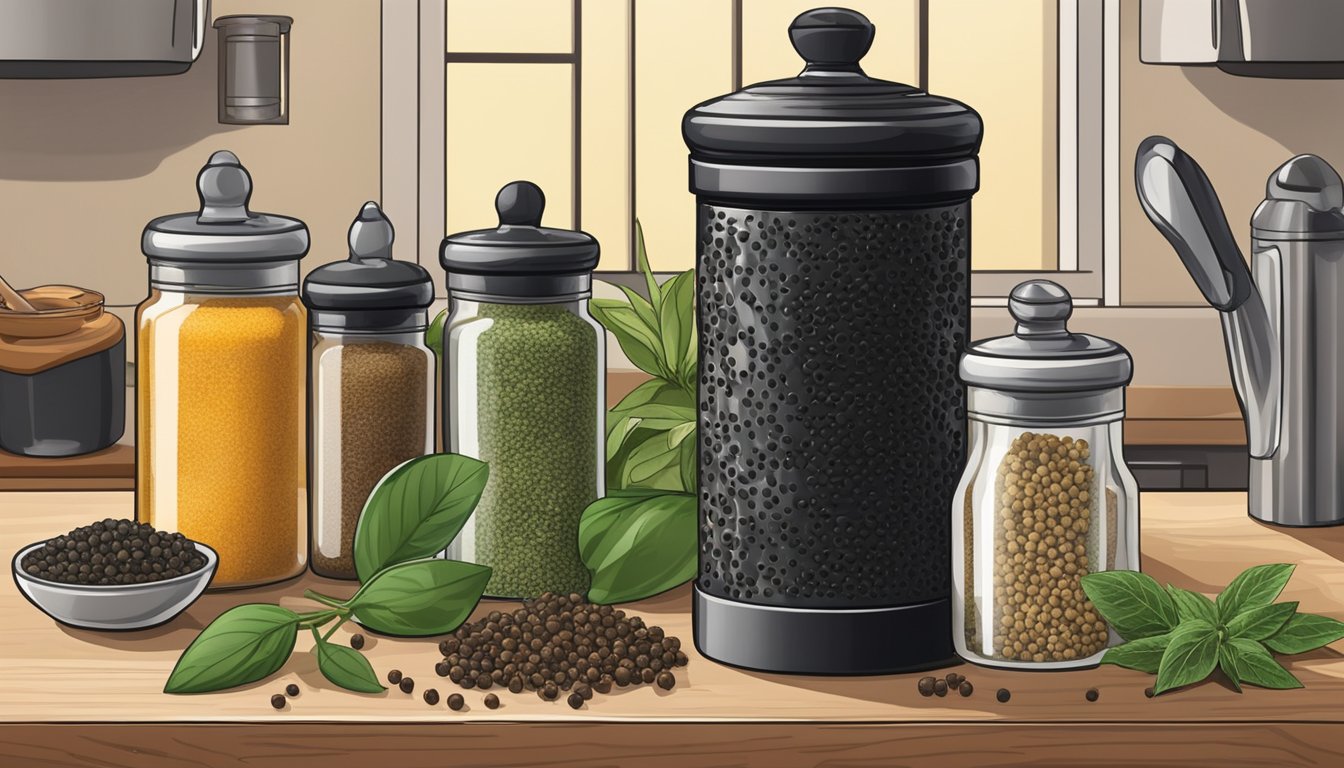 A black pepper shaker sits on a kitchen counter next to a variety of spices and herbs, ready to be used in a dish