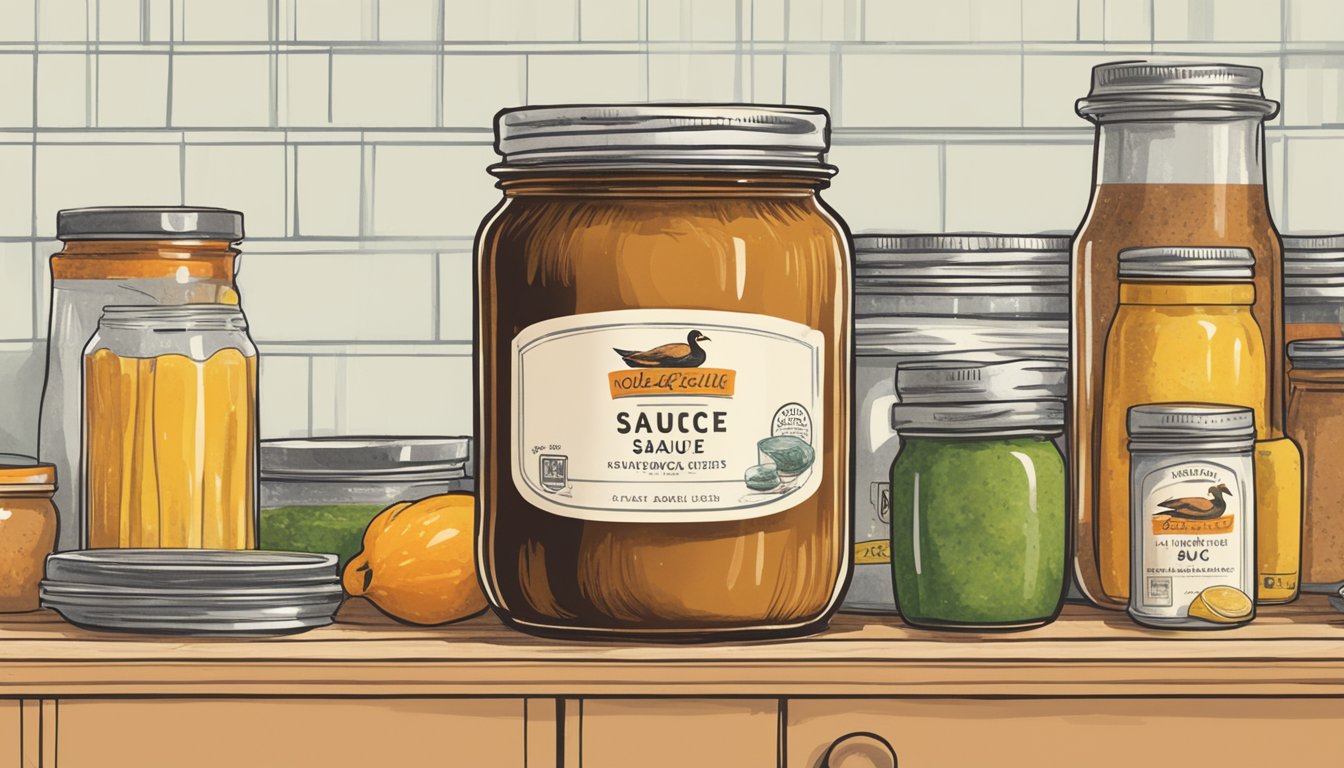 A jar of duck sauce sits on a kitchen shelf, surrounded by other condiments. The label is slightly faded, hinting at its age