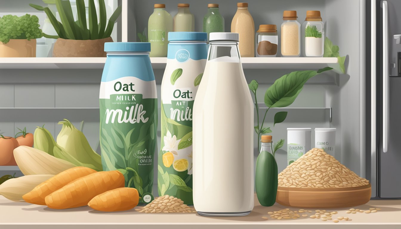 A glass bottle of oat milk sits on a shelf next to a refrigerator, surrounded by various plant-based food items. The label on the bottle indicates a longer shelf life