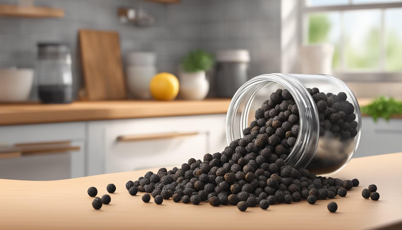 A pile of spoiled black peppercorns spilling out of a cracked container on a kitchen counter