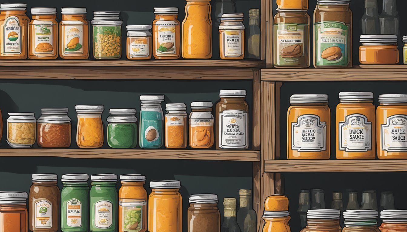 A jar of duck sauce sits on a shelf in a cool, dry pantry alongside other condiments and sauces