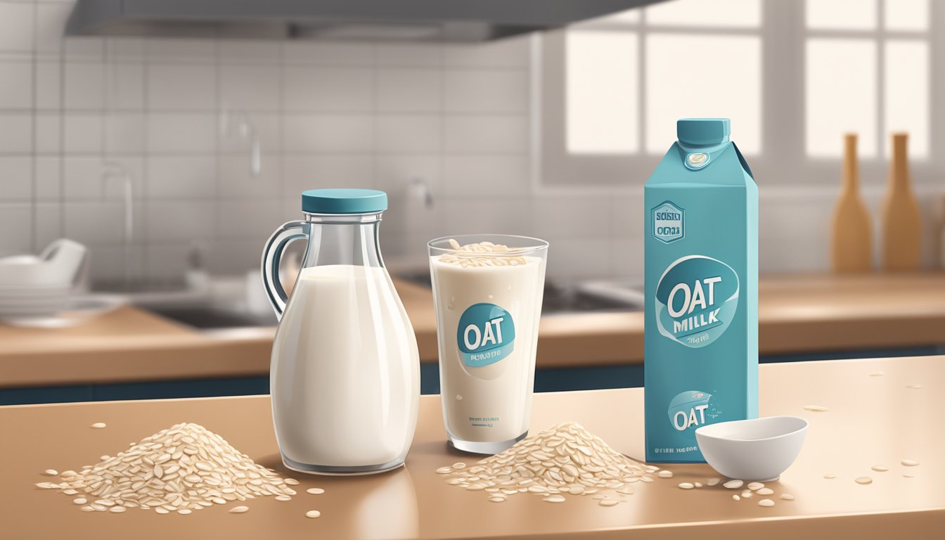 A carton of oat milk sits on a kitchen counter, with a few drops of spilled milk and a faint sour smell