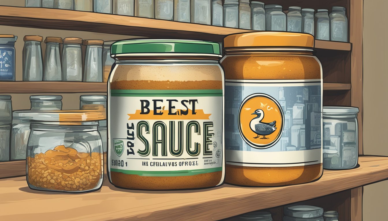 A bottle of duck sauce sits on a shelf with a "best by" date. An open jar shows signs of mold