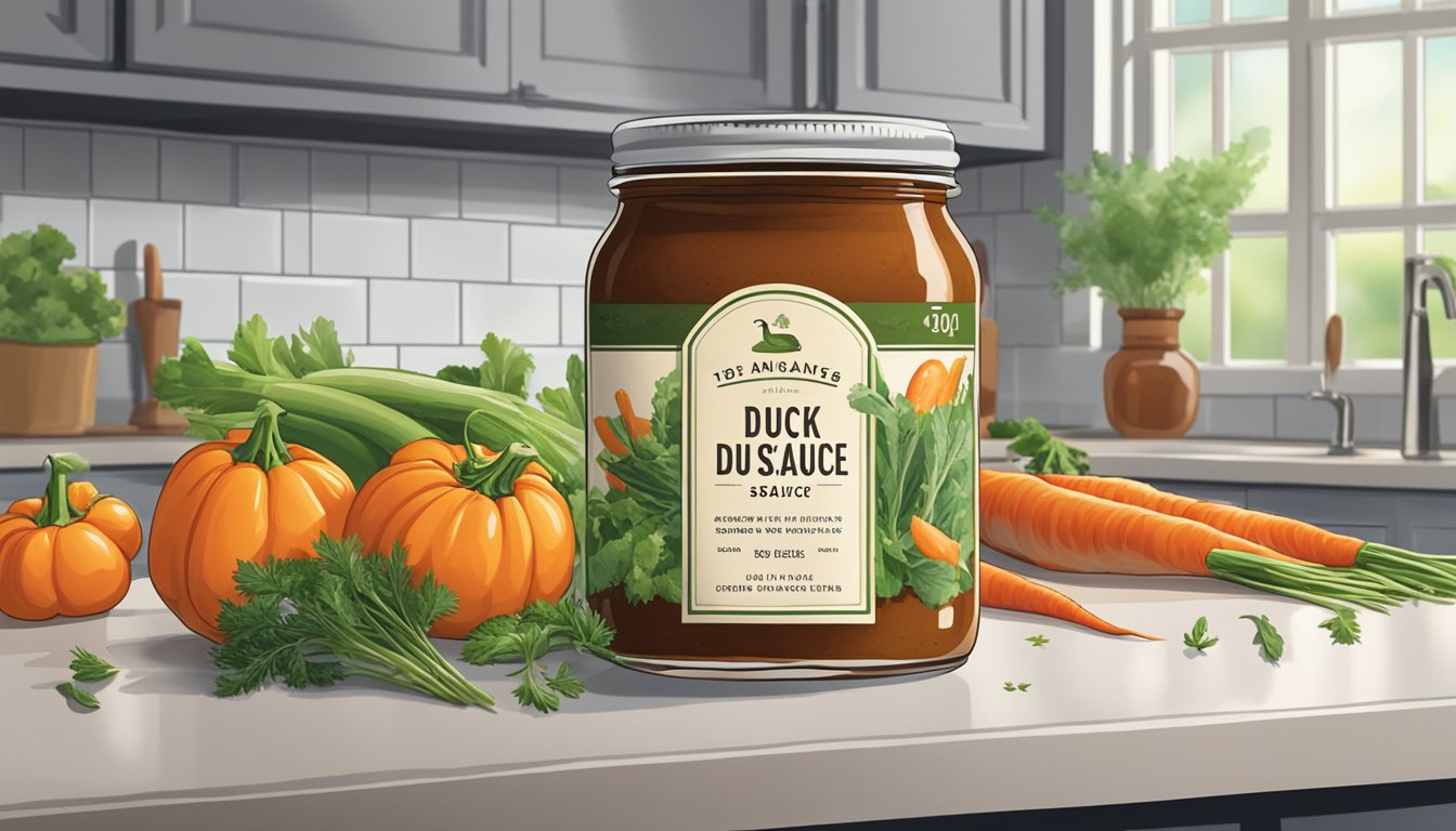 A jar of duck sauce sits open on a kitchen counter, surrounded by fresh vegetables and herbs. The sauce appears vibrant and inviting, with no signs of spoilage