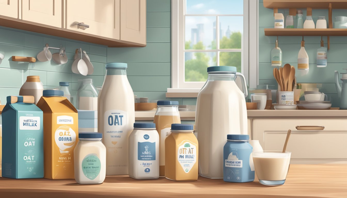 An open carton of oat milk sits on a kitchen counter, surrounded by various labeled bottles and containers. A calendar on the wall shows the current date