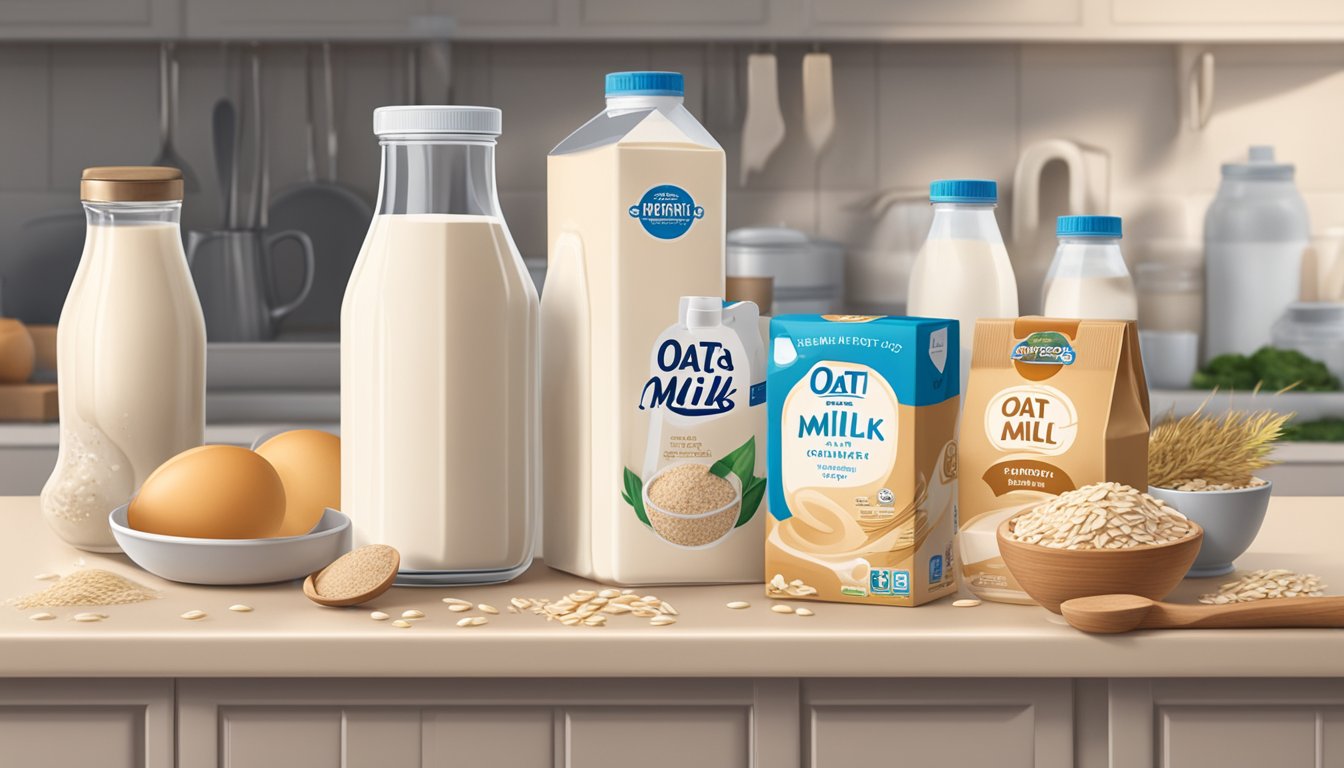 A carton of oat milk sits on a kitchen counter, surrounded by various dairy and non-dairy products. The expiration date on the carton is visible