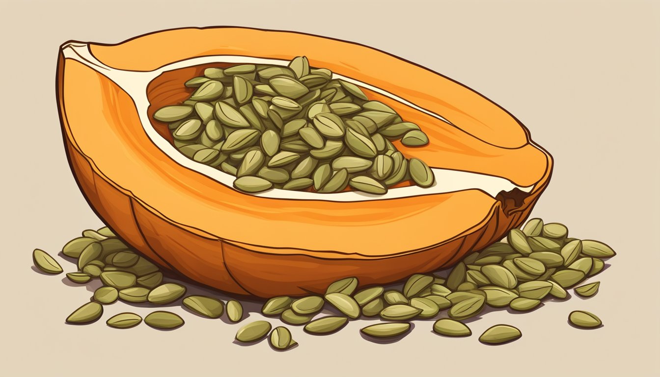 A pile of fresh pumpkin seeds spilling out of a cracked open pumpkin, with a nutrition label and a few seeds scattered around