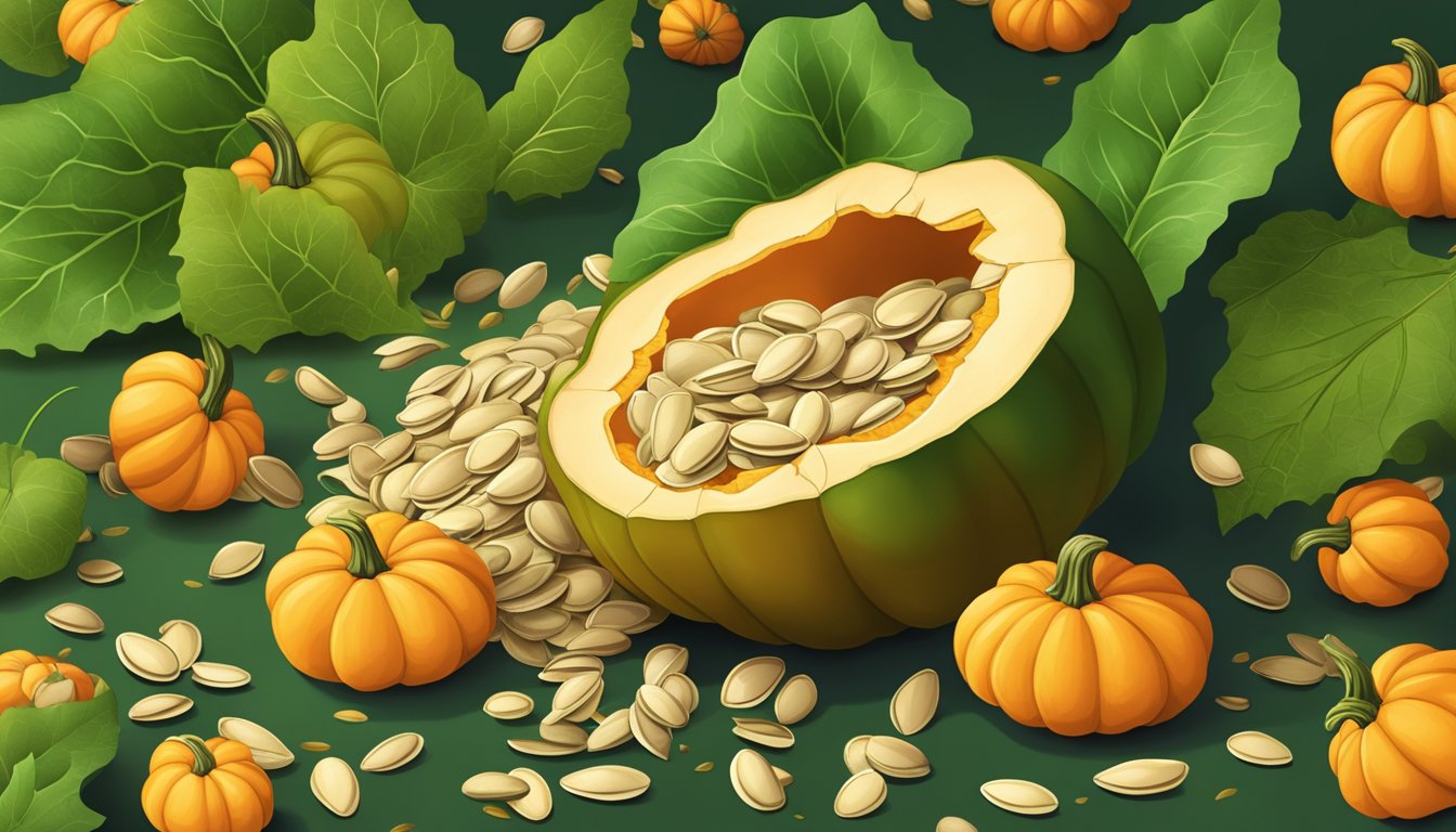 A pile of fresh, plump pumpkin seeds spilling out of a cracked pumpkin, surrounded by vibrant green leaves and a scattering of smaller seeds