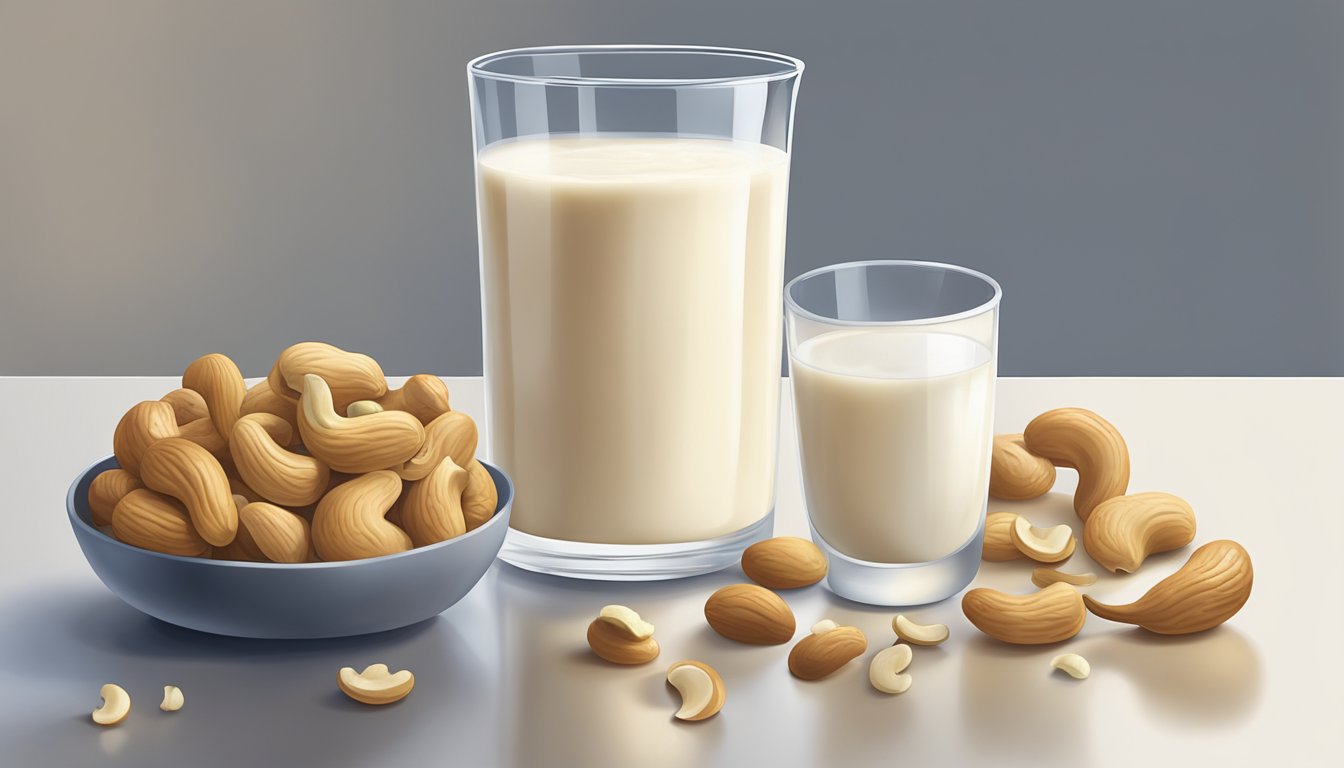 A glass of cashew milk left out on a kitchen counter, slowly curdling and developing a sour smell