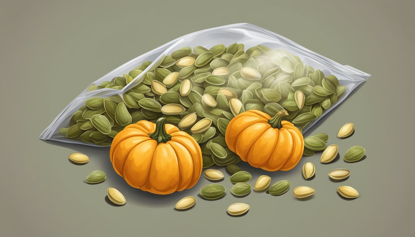 Moldy pumpkin seeds in an open bag, surrounded by fruit flies